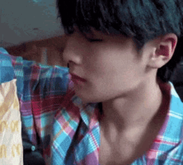 a young man wearing a plaid shirt is eating a bag of mcdonald 's french fries .