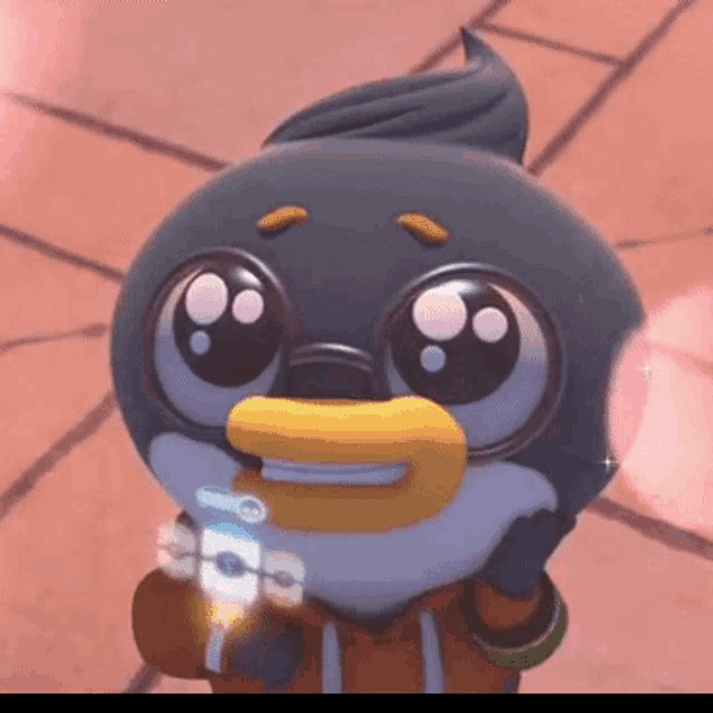 a close up of a cartoon penguin holding a light