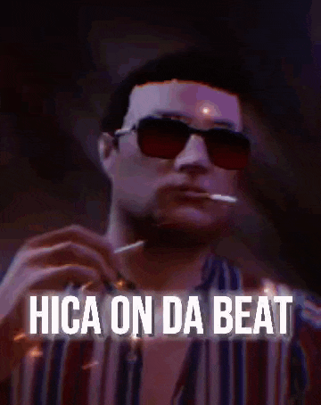 a man wearing sunglasses and a striped shirt is smoking a cigarette and says hica on da beat .