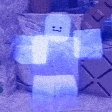 a blue roblox character with a smiley face on it
