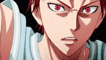 a close up of a person 's face with red eyes