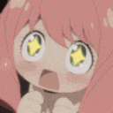 a close up of a girl with pink hair and yellow eyes .