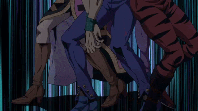 a group of cartoon characters are standing next to each other with purple letters that say ' jojo '