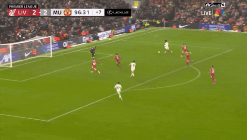 a soccer game is being played in the premier league between liverpool and manchester united