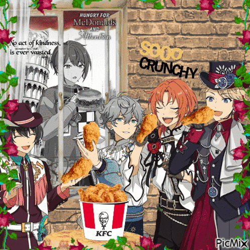 a group of anime characters eating fried chicken in front of a kfc bucket