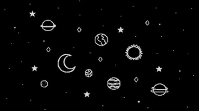 a black and white drawing of planets , stars , and the moon on a black background .