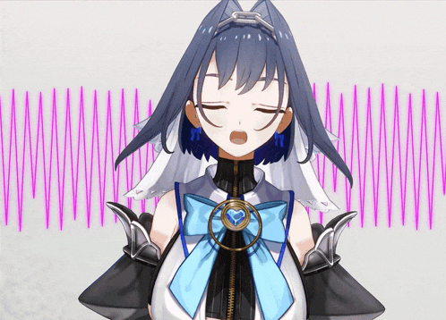 a close up of a girl with her eyes closed and a bow on her chest