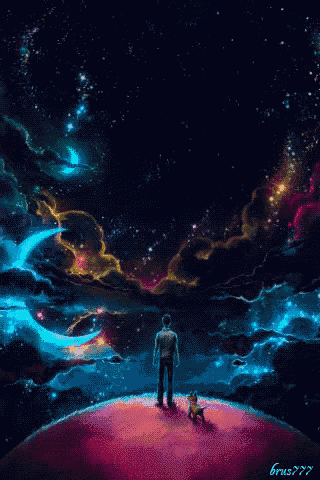 a pixel art of a man standing on a planet with a cat and the words brus777 on the bottom