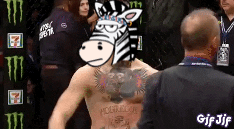 a man with a zebra head and a zebra tattoo on his chest is standing next to a referee .