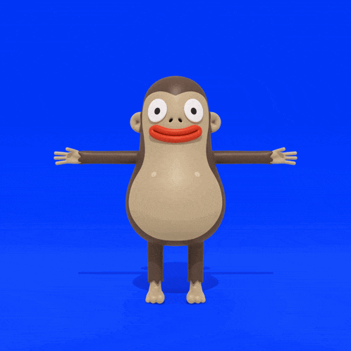a cartoon monkey is standing with its arms outstretched on a blue background