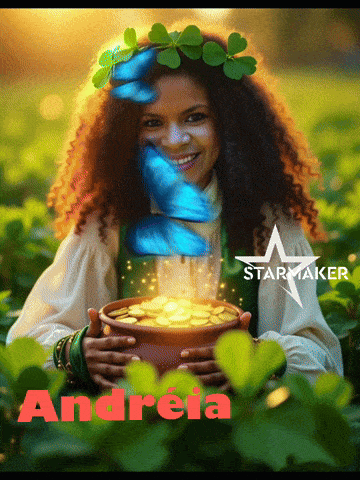 a woman holding a pot of gold with the name andreia on the bottom right