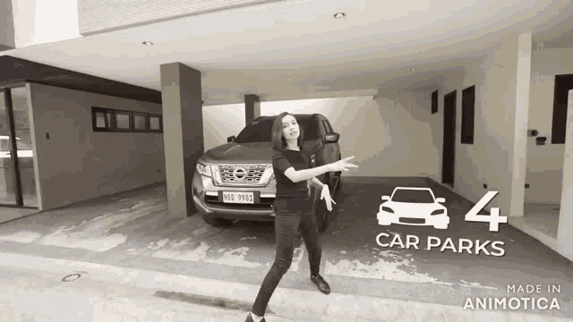 a woman stands in front of a car parked in a garage with the words car parks on the bottom