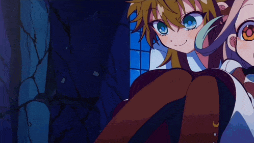a couple of anime characters sitting next to each other and one has a blue eye