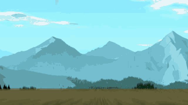 a painting of a mountain range with trees in the foreground and mountains in the background