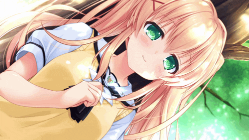 a girl with blonde hair and green eyes is looking up