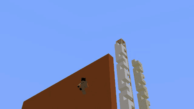 a minecraft character is standing on a wall with a blue sky in the background