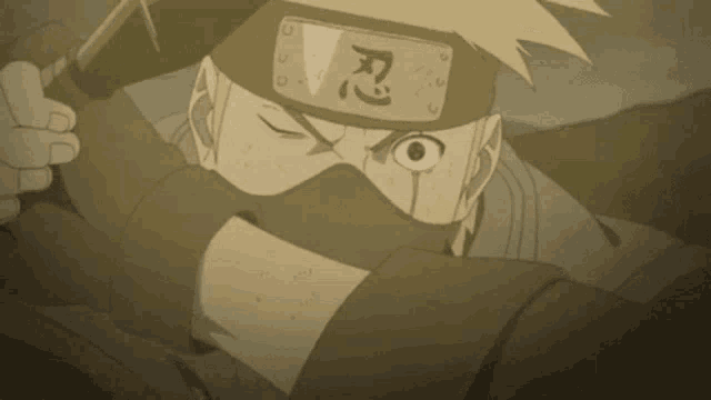 a close up of a cartoon character wearing a mask and a headband with chinese writing on it .