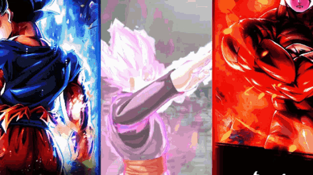 a collage of three pictures of dragon ball characters