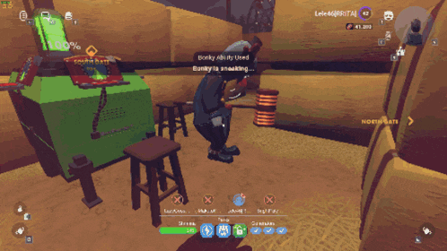 a screenshot of a video game shows a character holding a gun in front of a sign that says south gate