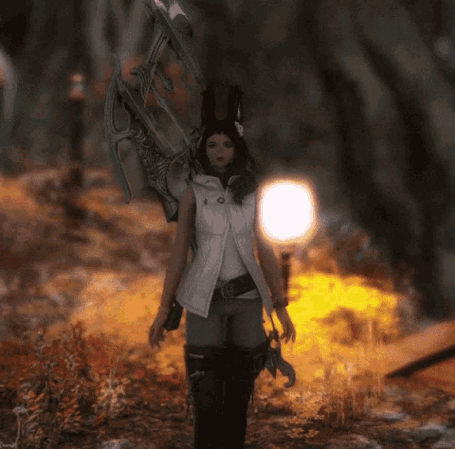 a woman in a white vest and bunny ears is holding a bow and arrow