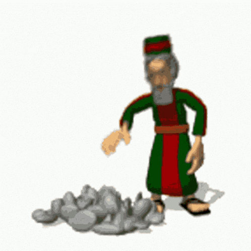 a cartoon of a man standing next to a pile of rocks holding a rock