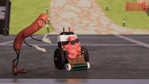 a sausage party poster with a sausage in a wheelchair and a sausage in a lawn mower