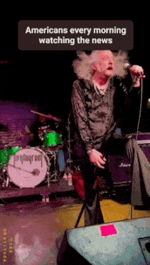 a man singing into a microphone with the words " americans every morning watching the news " below him