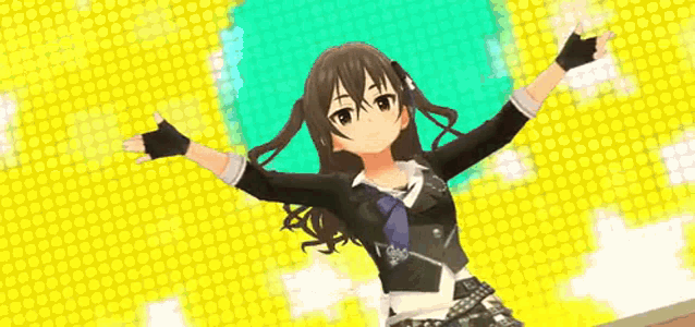 a girl in a black jacket and tie is dancing with her arms outstretched .