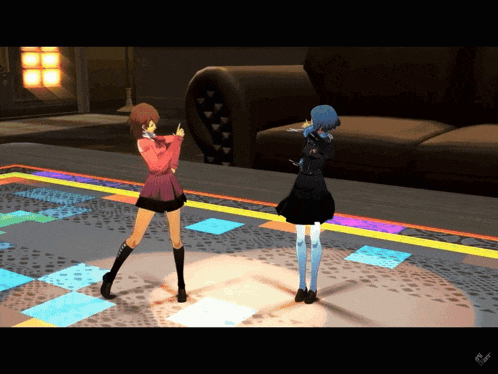 two anime girls are dancing on a dance floor in front of a couch
