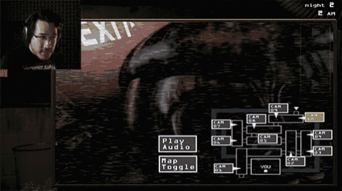 a man is playing a video game called five nights at freddy 's at night 2