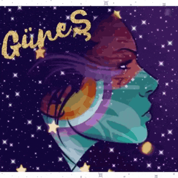 a drawing of a woman 's face with the word günes written in gold