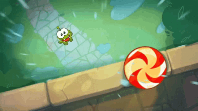 a cartoon character is jumping over a candy cane in a video game