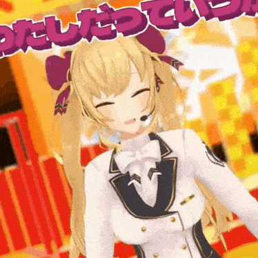 a 3d anime girl with blonde hair and a microphone on her head