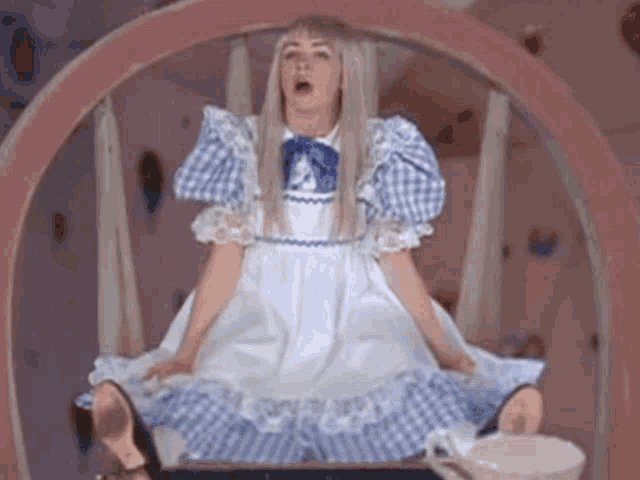 a woman in a blue and white checkered dress is sitting in a circle .