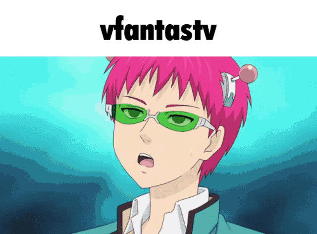 a cartoon character with pink hair and green glasses with the words vfantastv below him
