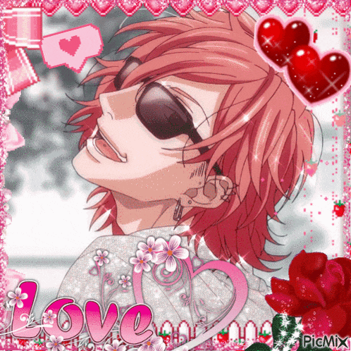 a picture of a pink haired anime character with the word love written on the bottom