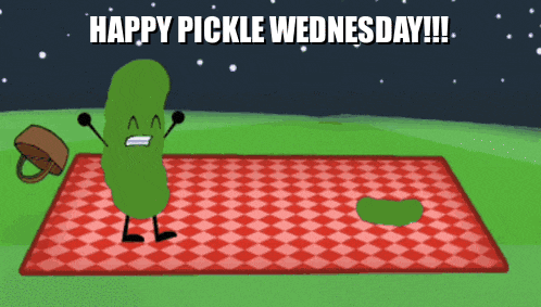 a cartoon drawing of a pickle on a picnic blanket that says happy pickle wednesday !!!