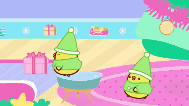 a cartoon illustration of two chickens wearing green hats