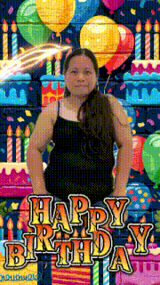a woman is standing in front of a birthday background with balloons and candles and says happy birthday