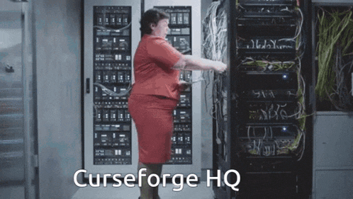 a woman in a red dress is standing in front of a server with the words curseforge hq written on the bottom