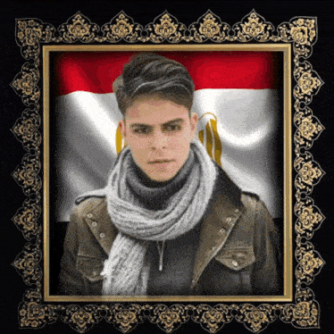 a man with a scarf around his neck is in a picture frame