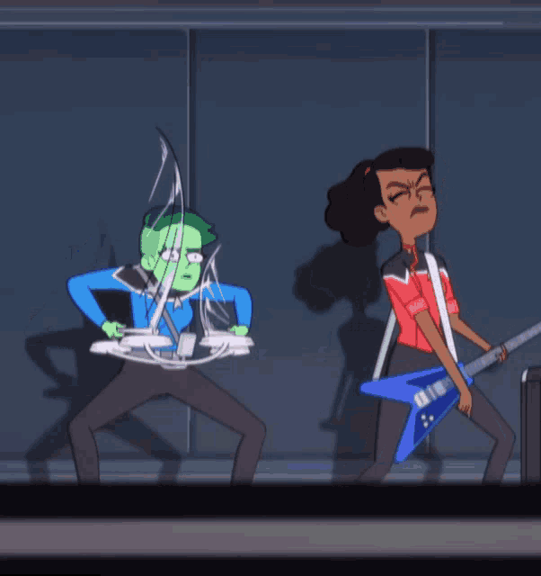 a cartoon of a girl playing drums and another girl playing guitar