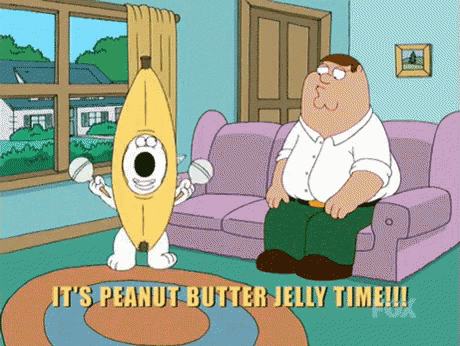 a cartoon of peter griffin sitting on a couch with a peanut butter jelly time