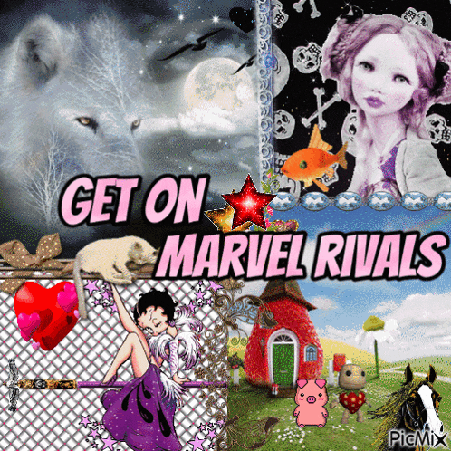 a collage of pictures with the words " get on marvel rivals " at the top
