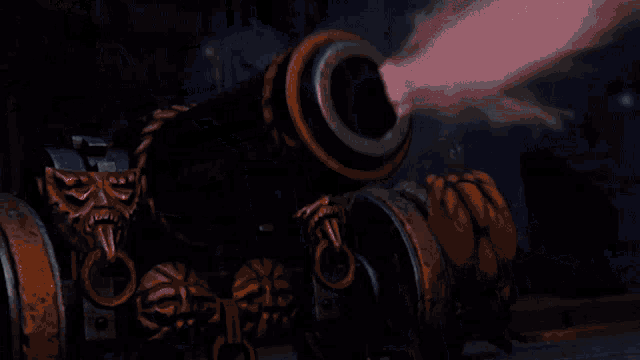 a dark room with smoke coming out of it and a statue in the background