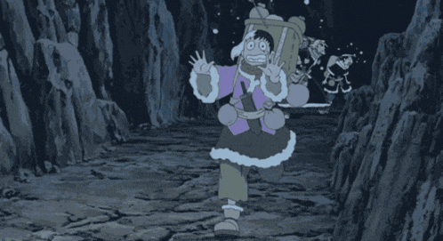 a cartoon of a person in a purple coat standing in a cave
