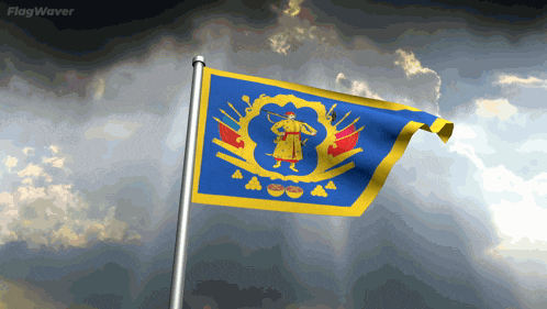 a blue and yellow flag with a man holding a sword and shield on it