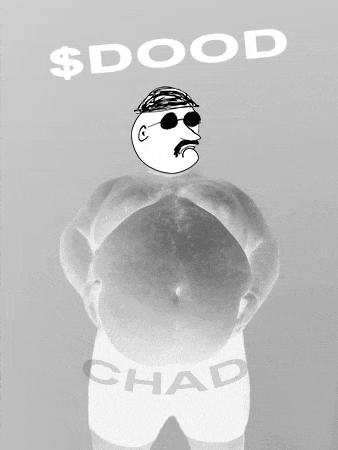 a black and white drawing of a man with a big belly and the words $ dood chad