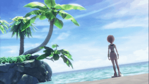 a girl is standing on a beach with a palm tree in the background