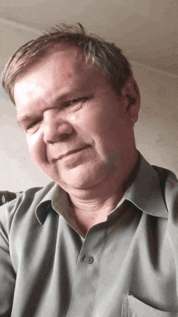 a man in a grey shirt looks at the camera
